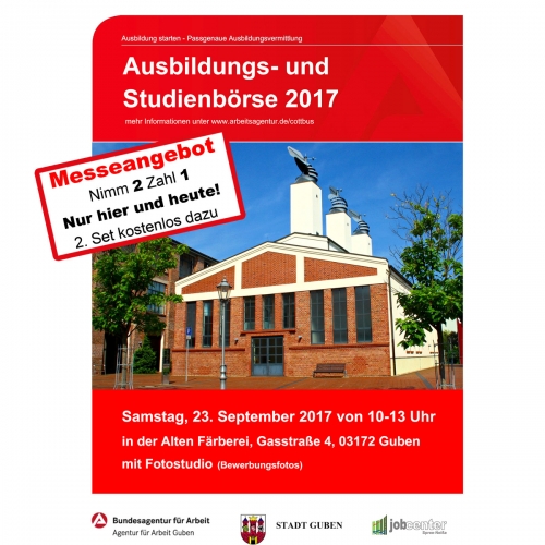 Wir sind auf der Ausbildungsbörse am 23. September 2017 in Guben in der Alten Färberei und machen Top Bewerbungsfotos mit Rabatt